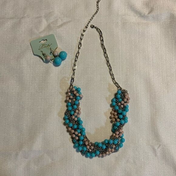 Beautiful multi strand necklace turquoise, blush & silver necklace & earring NWT - Picture 1 of 5